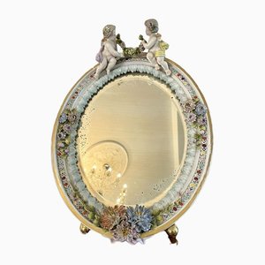 Espejo de caballete continental antiguo grande de porcelana