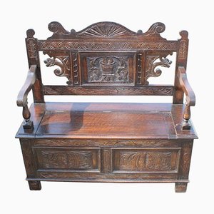 Carved Oak Monks Bench with Lift Up Lid, 1920s
