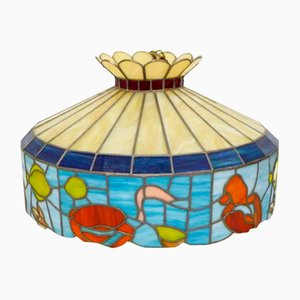 Large Stained Glass Suspension LAmp with Opaline Globe & Marine Decor