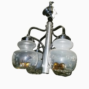Lámpara de araña vintage de metal y vidrio opalino, años 70