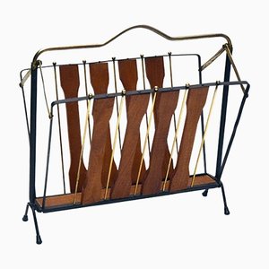 Mid-Century Foldable Magazine Rack in Wood and Brass