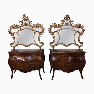 Walnut Briar Chest of Drawers With Mirror, 1910s, Set of 2