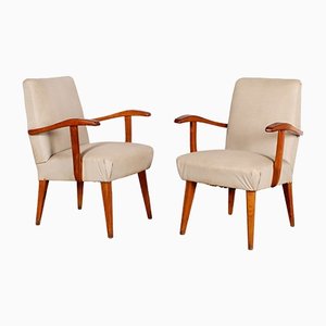 Set of Mid-Century Oak & Upholstery Armchairs