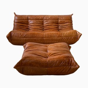 Togo Sofa and Pouf Set in Pine Leather by Michel Ducaroy for Ligne Roset, 1970s, Set of 2