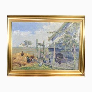 Oil Painting on Canvas with Motif of Chicken Farm and Fields