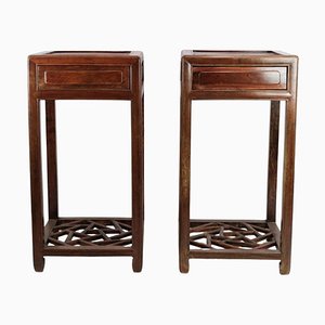 Chinese Side Tables with Drawer in Polished Dark Wood, Set of 2