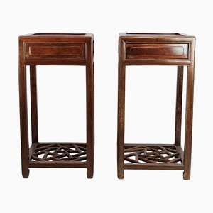 Tables d'Appoint avec Tiroir en Bois Foncé Poli, Chine, Set de 2