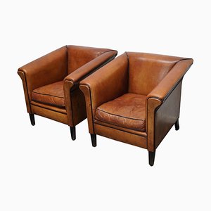 Vintage Dutch Art Deco Style Club Chairs in Cognac Leather, Set of 2