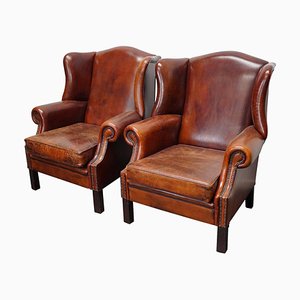Vintage Dutch Wingback Club Chairs in Cognac Leather, Set of 2