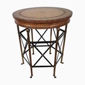 Neoclassical Hollywood Regency Side Table in Brass, Metal & Tooled Leather Top