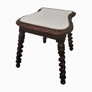 Antique Needlepoint & Carved Beveled Top Barley Twist Legs Stool