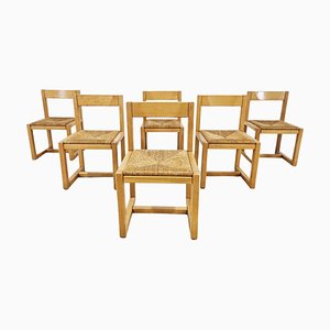 Vintage Dining Chairs in Oak and Wicker, 1960s, Set of 6