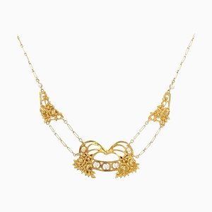 Modern French Art Nouveau Style Drapery Necklace in 18 Karat Yellow Gold with Pearl