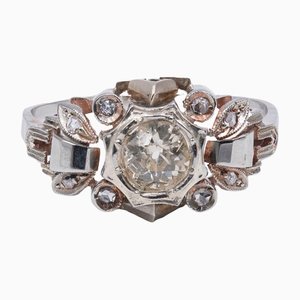 Antique 18K White Gold Ring with Central Diamond, 1930s