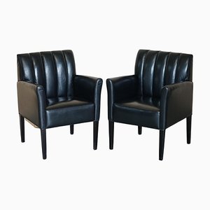 Mid-Century Modern Style Fluted Back Leather Armchairs, Set of 2