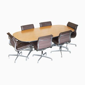 Vintage No1 Conference Table & Brown Leather Softpad Chairs by Eames for Herman Miller, Set of 7
