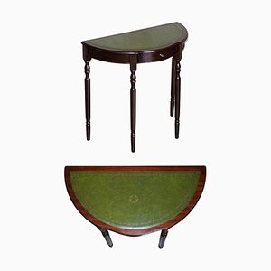 Vintage Demi Lune Console Table with Green Leather Top & Single Drawer