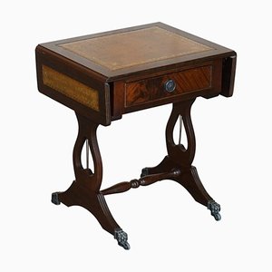 Table d'Appoint Vintage en Cuir Marron et Feuille d'Or avec Plateau Extensible