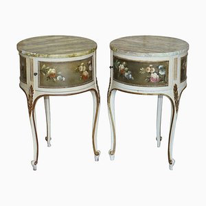 Antique Louis XVI Style Floral Hand-Painted Side Lamp Tables, Set of 2