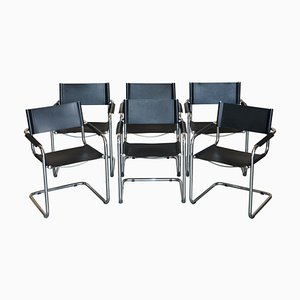 Black Leather S33 Style Armchairs, Set of 6
