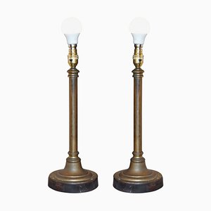 Antique Gilt Bronze Railway Table Lamps with Hardwood Bases, Set of 2