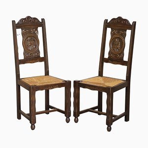 Hand-Carved Oak Rush Seat Brittany Chairs, 1920s, Set of 2