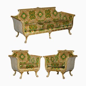 Italian Versace Silk Velvet Upholstered & Giltwood Sofa and Armchairs, Set of 3