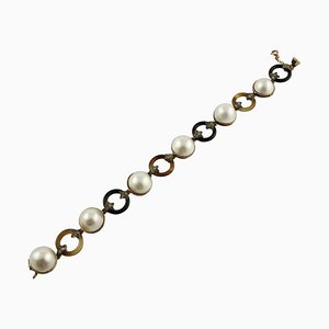 9K Rose Gold and Silver Bracelet with Pearls and Diamonds