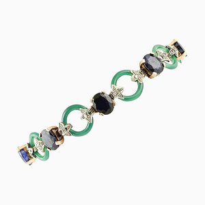 Rose Gold and Silver Link Bracelet with Diamonds and Blue Sapphires