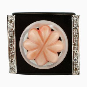Rose Gold Ring in Carved Coral with Diamonds and Mother of Pearl