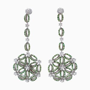 Boucles d'Oreilles Pendantes en Or Blanc 14K avec Tsavorites et Diamants