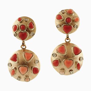 14K Rose Gold Earrings with Diamonds Pink and Red Coral