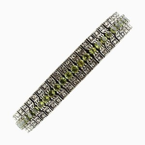 Handcrafted Semi-Rigid Bracelet in Rose Gold and Silver with Green Peridot and Rose Cut Diamonds