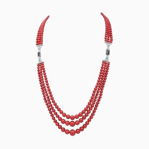 Platinum Multi-Strands Necklace with Coral Emeralds and Diamonds