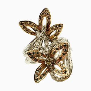 Bague Fleur en Or Blanc et Jaune 18K avec Diamants