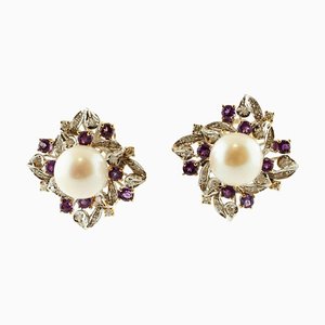 Aretes de oro blanco y rosa de 14 quilates con diamantes, amatistas y perlas