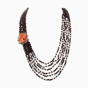 Collier Artisanal en Or 9K et Argent avec Diamants Emeraudes, Perles de Topaze et Corail