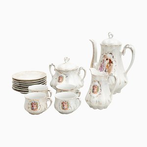 French Traditional Porcelain Coffee Set, 1940s, Set of 14