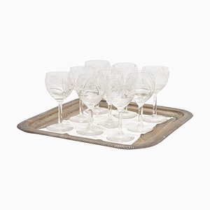 French Glass Wine Cups with Brass Tray, 1950s, Set of 9