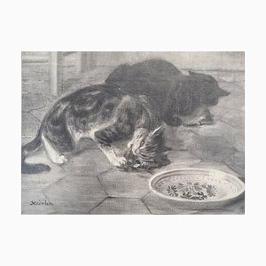 Théophile Alexandre Steinlen, Cats Gnawing a Bone, 1933, Lithograph