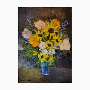Marc Antoine Remon, Bouquet con girasoli, acrilico su cartone
