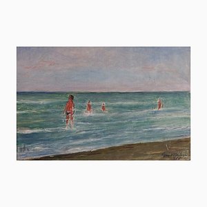 Giovanni Malesci, Spiaggia con bagnanti, 1965, Olio su tela