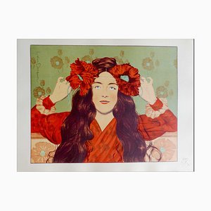 Gaston Darbour, Young Girl with Poppies, 1897, Original Lithograph