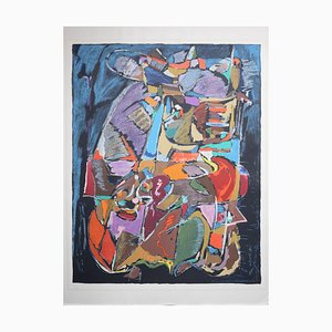 André Lanskoy, Abstract Composition on Blue, 1970, Original Lithograph in Colors on BFK Rives Paper