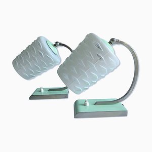 Art Deco Green White Opaline Glass Chrome Table Lamps, Set of 2