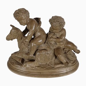 Patinated Terracotta Sculpture of Putti Playing with a Goat, 1900s