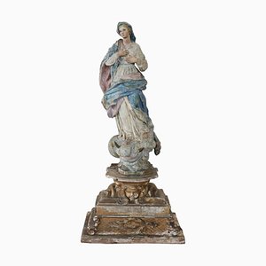 Antique Virgin Mary Sculpture in Hand-Carved Wood, 1850s