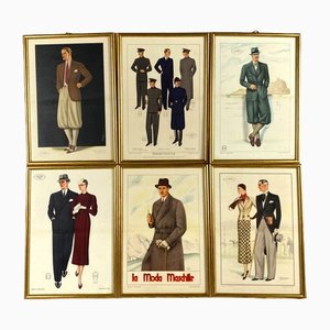 La Moda Maschile, 6er Set gerahmte Original Illustrationen von Mens Fashion 30s, Italy, 1920s