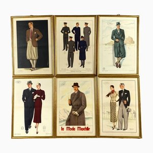 La Moda Maschile, Set de 6 Illustrations Encadrées de Mode Homme, Italie, 1920s