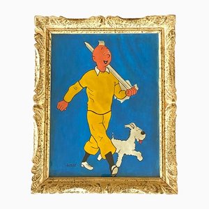 Tintin on Blue Hand Painted Oil Painting on Canva, Framed, France 1960s
